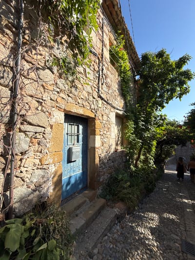 The image depicts a narrow, cobblestone street in Tossa de Mar, Spain, lined with stone buildings covered in vines and foliage. In the foreground, a weathered stone wall with a vibrant blue door stands to the left. The door has a metal grate over a small window and a silver mailbox attached. Steps lead up to the door, and various plants grow around the base of the building. To the right, the street curves gently upwards, shaded by leafy trees and an arbor. Two people, a woman in a black dress and another individual in brown attire, are walking away from the camera up the street. The sun casts distinct shadows across the cobblestones, suggesting a bright, clear day.