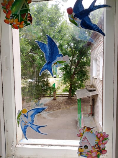 This is a photograph of a window in an apartment building in Zhirnovsk, Russia. The window overlooks a courtyard area with trees, a brick building, and a paved path. Inside the window, there are several decorative stickers of birds and birdhouses. One sticker in the upper left depicts a green birdhouse with orange flowers and a small brown bird. In the upper right, a blue swallow is flying with a red tulip in its beak. Another blue swallow is in the lower left, holding a yellow flower. In the lower right corner, a pink and white birdhouse is surrounded by pink flowers, with three small birds perched on it. The window frame is white and shows signs of wear. The weather appears overcast.
