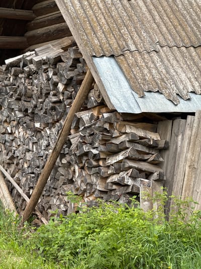 The image depicts a woodpile under a partially corrugated roof, likely a woodshed or storage structure. The woodpile is composed of split logs, stacked haphazardly. A wooden beam diagonally bisects the view of the woodpile. To the right of the woodpile, green vegetation, possibly weeds and grass, is visible. The corrugated roof shows signs of wear and damage, with some sections missing or broken. Given the provided context, the location is likely a rural or semi-rural area near Medvedka, Russia.