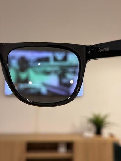 This is a close-up, first-person perspective shot of black Polaroid sunglasses against a blurred background. The lenses of the sunglasses reflect a scene, possibly a television or computer screen, with bluish and greenish light. The word "Polaroid" is visible in white text on the right temple of the sunglasses. The background shows a light-colored wall, a wooden cabinet or shelf unit, and a blurred green plant in a pot. The scene is indoors, likely a domestic or office setting. There is no discernible location in Sosnowiec, Poland, as the image provides no geographical context.