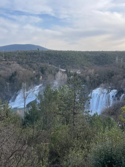 The image presents a wide-angle view of the Kravica Waterfalls, situated near Zvirići, Bosnia and Herzegovina, under a partly cloudy sky. The primary subjects are multiple wide, tiered waterfalls, where turbulent white water cascades over natural limestone formations. Visible mist rises from the powerful water flow. The surrounding landscape is characterized by dense, rugged terrain, heavily forested with a mix of evergreen trees and numerous deciduous trees that appear bare, suggesting a late autumn or winter season. In the foreground, a dense array of green coniferous trees and leafless deciduous branches partially frames the view. The midground features the waterfalls and a mix of trees on the banks, including a prominent tall, slender, bare tree standing within the waterfall complex. In the background, forested hills rise, culminating in a distant mountain ridge. A distinct communication tower and several vertical utility poles are visible atop the ridge. A winding dirt track or road is faintly discernible on the hillside behind the waterfalls. No individuals or man-made structures beyond the distant tower and poles are present in the scene.