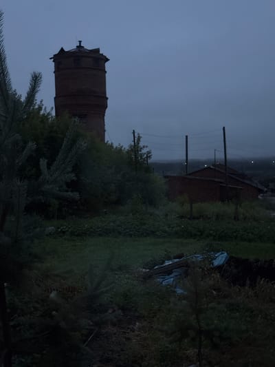 The image captures an outdoor scene in Malmyzh, Russia, under a dim, overcast sky, likely at dusk or during foggy conditions. Dominating the left side of the frame is a tall, round, brick water tower, showing signs of age with some visible damage to its upper structure. It is surrounded by lush, dark green foliage, including coniferous branches in the foreground.
To the right of the water tower, a low-slung, dark red brick building with a sloped roof is visible, possibly a shed or outbuilding. Several utility poles with wires run across the background, suggesting the presence of infrastructure. The ground in the foreground is uneven and covered with dense green grass and vegetation. In the lower right portion of the image, there is a collection of wooden planks covered with a blue tarp, resting on dark soil. The overall atmosphere is somber and somewhat desolate, characteristic of a rural or semi-rural setting.