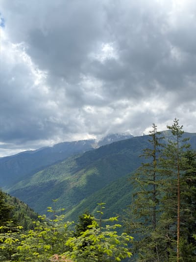 The image depicts a mountainous landscape near the Rila Monastery in Bulgaria under a cloudy sky. The mountains are lush with green vegetation. Some trees are visible in the foreground, partially obscuring the view of the mountains. The sky is overcast with dark grey clouds.