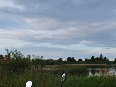 The image depicts a serene landscape with a body of water reflecting the cloudy sky. The foreground is filled with tall green and brown grasses, and the hint of a motorcycle mirror is visible on the left side. In the middle ground, dense green bushes and trees line the bank of the water, with a few buildings peeking through the foliage in the distance. The background consists of a light blue sky with scattered gray clouds. The scene appears to be located in a rural area, possibly within the Заямнаўскі сельскі Савет in Belarus, given the characteristic vegetation and architectural style. There are no people visible in the image, and no actions or interactions are taking place. The overall atmosphere is tranquil and natural.