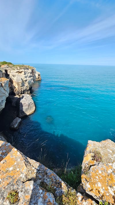 The image shows a view of the Black Sea from a rocky cliff in Sveti Nikola, Bulgaria. The water is a vibrant turquoise blue, contrasting with the lighter blue of the sky. The cliff face is composed of light-colored rocks with orange and gray lichen. Some green grass and small plants are growing on the cliff's edge.