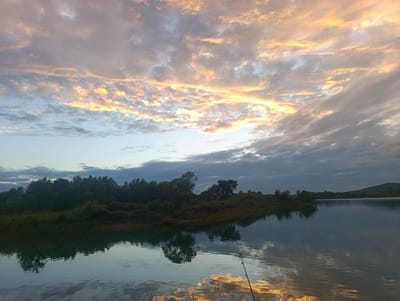 This is a photograph of a serene lake at sunset. The sky is filled with dramatic clouds, illuminated by the warm hues of the setting sun, ranging from golden yellow to pale orange and soft pink, contrasted with areas of grey and blue. The water surface reflects the sky and the dense tree line that borders the far bank of the lake. The trees are a dark, lush green, creating a silhouette against the lighter sky. A subtle ripple disturbs the water's surface, indicating a calm atmosphere. In the foreground, a fishing rod with a green tip is visible, angled into the water, suggesting a solitary activity. The overall scene is tranquil and picturesque, evoking a sense of peace and natural beauty. The specific location of Yaroslavsky, Russia, is not discernible from the visual elements of the photograph alone.