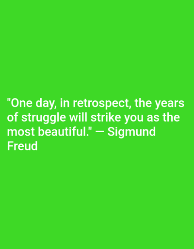 The image is a solid green background with white text. The text reads: "One day, in retrospect, the years of struggle will strike you as the most beautiful." - Sigmund Freud. The coordinates provided locate a point in the city of Lucknow, India. The image itself does not depict any scene, location, people, or objects.