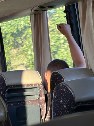 The image shows the interior of a bus, looking out a window. The window is open, and a person's arm is raised with a clenched fist, reaching towards the open window. The person's head and shoulder are visible, and they appear to be looking out the window. Outside the window, green trees are visible, indicating a rural or suburban setting. The seats inside the bus are patterned with small white squares and diamond shapes on a dark background, and have beige headrests. The overall lighting suggests it is daytime, with sunlight streaming in. The location in Izvorovo, Bulgaria, is not explicitly indicated within the image itself.
