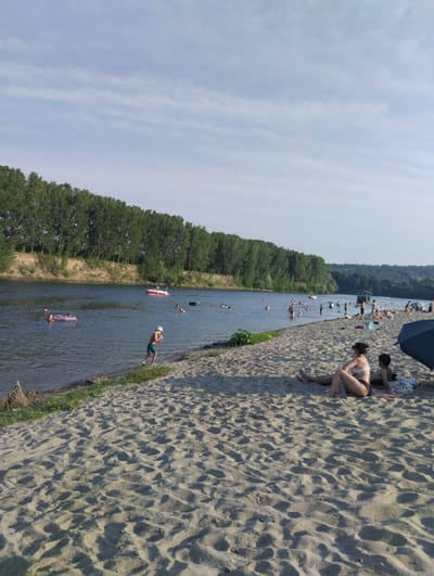 The image depicts a sunny day at a river beach in Vadul lui Voda, Moldova. The scene is lively with numerous people enjoying the water and the sand. In the foreground, two women are relaxing on the sandy beach, one in a bikini, and a man is also present. Further back, a group of people are swimming and wading in the river. A small red and white boat is visible on the water, along with other individuals in the river, some with inflatable tubes. A young boy in shorts and a hat is standing at the edge of the water. The riverbank is lined with a dense forest of tall green trees. The sky is clear with wispy clouds, suggesting good weather. The overall atmosphere appears relaxed and recreational, with people engaging in typical beach activities. There is no visible text in the image.
