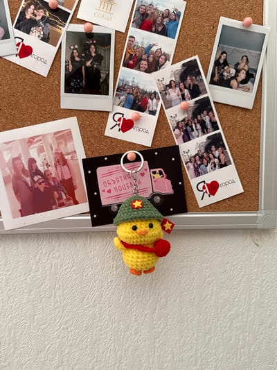 A corkboard with a silver frame is mounted on a white textured wall. Several instant photos and printed cards are pinned to the board with pink pushpins. One card reads "Sochi" and another reads "Belgorod" in Russian. The photos depict groups of people, possibly friends or family. A black card with white stars features a pink cartoon truck and a keyring. Attached to the board is a crocheted yellow chick with a green scarf and red details.