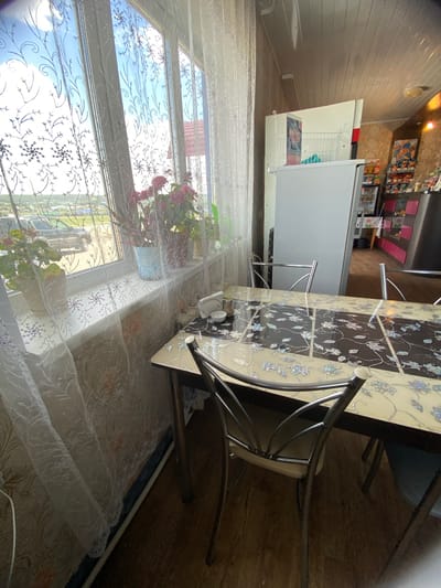 The image depicts an indoor scene, likely a dining area or a small shop, with a window overlooking a rural landscape. A patterned tablecloth covers a dining table with chrome chairs. Several potted plants are arranged on the windowsill. In the background, a white refrigerator and shelving units filled with various products are visible. The overall impression is of a functional, modestly furnished space.