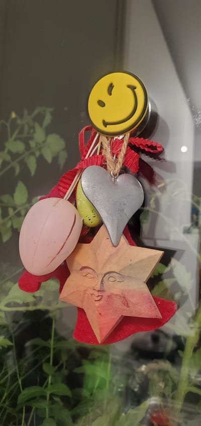 A close-up, vertical, eye-level shot shows a cluster of decorative charms hanging against a dark, out-of-focus background of green foliage and reflective surfaces. The charms, from top to bottom, consist of a yellow smiley face button, a silver heart charm, a pink egg-shaped charm, a speckled green egg charm, and a wooden star with a carved face. Red ribbon and twine are used to suspend the charms. The smiley face is on a black base and has a simple black outline for the eyes and mouth. The silver heart has a matte finish and is suspended by a loop of twine. The pink charm is smooth and slightly elongated, with a reddish line down its center. The green egg is speckled with dark spots. The wooden star has a warm, reddish-orange hue and features a carved face with closed eyes, a small nose, and pursed lips. The star sits atop a red felt backing. The background suggests an indoor setting, possibly a window with plants visible behind it, with reflections indicating a glass surface. The overall impression is one of whimsical decoration. The location is identified as Sasbach, Germany, though no specific context within the city is discernible from the image alone.