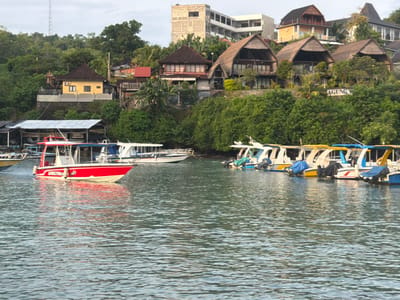 The image displays a coastal scene in Toyapakeh, Indonesia, featuring a body of calm, greenish-blue water in the foreground and a densely vegetated hillside in the background. In the central mid-ground, a red and white powerboat, marked with "ARKEHNA" on its hull, navigates or idles on the water, creating minimal disturbance. To its left, nearer the shore, a larger white passenger boat with a canopy is moored adjacent to a covered dock structure. Along the right-hand shoreline, a series of at least six smaller, white boats, some with yellow or blue canopies, are moored side-by-side. These boats are equipped with outboard motors, several of which are covered with blue or black tarpaulins.
The background hillside rises steeply from the water and is heavily covered with green trees and foliage. Various buildings are interspersed throughout the incline. On the left, a single-story yellow building with a dark roof is visible on a terraced foundation. Further right, a traditional two-story building with a red tiled roof stands amidst the greenery. Central to the hillside, a cluster of at least three distinct multi-story structures with prominent thatched, A-frame roofs are visible, appearing as resort or residential units, with a partially visible sign reading "AGUNG VILLA" below them. Higher on the right side of the hill, a multi-story, light-colored concrete building, possibly unfinished, dominates the upper skyline. The sky is overcast with light grey cloud cover. No individuals are present in the image.