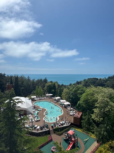 The image depicts an elevated, panoramic view of a resort or recreational facility situated near a coastline, likely in the city of Sosnovy, Russia. The left side of the image showcases a clear blue sky with scattered white clouds. A horizontal strip of blue water, presumably the sea, is visible between the sky and a dense band of green trees and foliage that forms the shoreline.

To the right of the trees, the image captures a pool area. The pool has an irregular shape with numerous people swimming and lounging. There are many lounge chairs around the pool, with some people occupying them. There are also many sun umbrellas spread around the pool, offering shade. Next to the pool area, there is a playground with a slide and other play equipment. The playground's surface is green, and there are various colorful structures. Dense vegetation surrounds the pool and playground area, giving the impression of a secluded, natural setting.