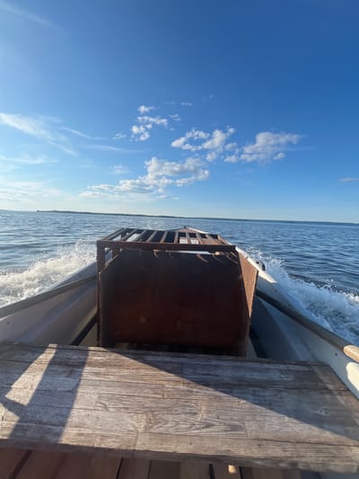 The image shows a view from the back of a boat moving on a body of water. The boat's interior is visible in the foreground, with weathered wooden planks forming part of the seating or deck. A large, rusty metal object, possibly a cage or container, is situated in the center of the boat. White wakes are trailing from the boat, indicating forward motion. The water is calm with small ripples, and a distant shoreline with trees is visible under a clear blue sky dotted with scattered white clouds. The lighting suggests it is daytime, likely late afternoon or early morning due to the low angle of shadows cast on the wooden planks. The scene appears to be in a rural or natural setting, consistent with the location of Vurmankasy (Vurman-Siukterskogo S/P), Russia.