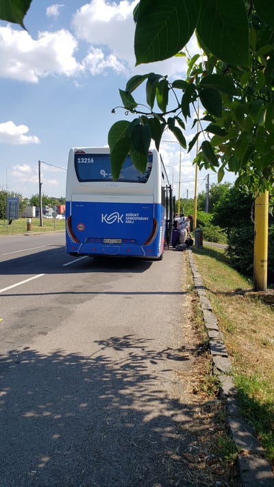 The image shows the rear of a blue and white Kosicky samosprávny kraj bus parked on the side of a road in Vyšné Nemecké, Slovakia. A person is standing near the bus entrance with several pieces of luggage, including a purple suitcase and a brown duffel bag. The bus has the number "13216" displayed on the back, and the license plate reads "KE 231NN". The bus stop is located on a paved area next to a road with a sidewalk and a stone border. Green trees and bushes are visible in the background, along with a yellow pole and utility lines. The sky is blue with scattered white clouds, and shadows of leaves are cast on the road.