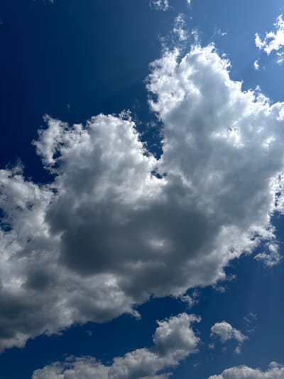 This is a close-up, low-angle shot of a dramatic sky filled with billowing clouds against a deep blue background. The clouds are varied in texture and color, ranging from bright white and fluffy on the edges where the sun catches them, to dark, heavy gray in their centers, suggesting depth and volume. Some thinner, wispy clouds are scattered in the distance, adding to the dynamic sky. The lighting suggests it is daytime, possibly late morning or early afternoon, with the sun filtering through and illuminating parts of the clouds, creating shafts of light. There are no people or objects visible, only the natural elements of the sky. The overall mood is one of grandeur and natural power, with the contrast between the bright and dark clouds and the intense blue of the sky creating a visually striking scene. The location, Skovorodino, Russia, provides context for the atmospheric conditions that might be typical for the region. There is no visible text in the image.