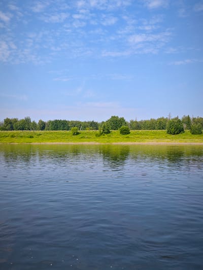 The image shows a wide river with calm, dark blue water in the foreground. The water reflects the sky and the opposite bank. The opposite bank is lined with a lush green grassy area and a dense line of various trees. The sky above is a bright blue with scattered, wispy white clouds. The overall scene is serene and natural, suggesting an outdoor environment in a rural or natural setting. There are no people or man-made structures visible in the image, indicating an undeveloped or natural landscape. The location is identified as Novonazimovo, Russia, which is consistent with a river landscape with extensive greenery and trees.