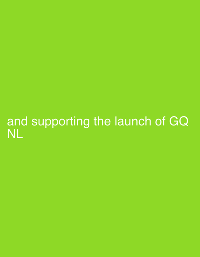 The image contains the text "and supporting the launch of GQ NL" in white sans-serif font against a solid bright green background. The text is located in the lower left portion of the image. There are no people, objects, actions, interactions, or environmental details to describe. The image does not provide any information about the city of Ridderkerk, Netherlands.