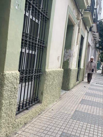 The image depicts an urban street scene, likely in Mérida, Spain, centered on a multi-story building and an individual. An elderly person with short white hair and glasses, dressed in a light-colored jacket and dark pants, is visible on the right side of the frame. They appear to be carrying binoculars or a small camera around their neck and are standing on a light and dark gray tiled surface, which could be a sidewalk or a lower section of a building facade. The person is facing away from the viewer, looking towards the right side of the scene.
The dominant feature is a building with a light beige and pale green facade, showing signs of wear with some peeling paint and minor cracks, particularly on the lower levels. It features multiple windows, some equipped with elaborate dark metal security grates or decorative balcony railings with rounded, ornate details. The base of the building incorporates architectural elements made of rough, textured light green blocks. The lighting is diffused, suggesting an overcast daytime sky, as there are no harsh shadows. In the background, hints of other structures and trees are visible. No legible text is present in the image.