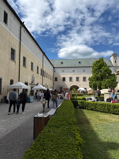 The image captures an outdoor scene at what appears to be a historic European castle or manor, featuring an open-air market or event under a bright blue sky with scattered white clouds. The perspective is looking along a paved walkway or courtyard.
On the left, a large, multi-story building with light-colored walls and numerous windows extends into the foreground. Its roof has a dark, possibly slate or metal, covering. In the background, part of the same complex reveals a prominent clock tower with a spire and weather vane, suggesting the building's age and significance. A large, leafy green tree stands in the courtyard, partially obscuring the building.
The central and right portions of the image are filled with activity. A long, well-maintained hedge runs parallel to the building, separating the paved area from a lush green lawn. Numerous people are present, strolling along the path, sitting on white benches, or gathering around several white tent-like market stalls. These stalls suggest a craft fair, farmers' market, or similar event. Individuals are dressed in casual daytime attire, indicative of pleasant weather.
Clear shadows cast by the buildings, hedges, and people indicate bright sunshine, suggesting it is daytime, likely mid-morning or afternoon. The overall atmosphere appears lively and relaxed. Faint text, possibly "MARK..." or similar, can be partially seen on one of the market stalls in the lower-middle portion of the image.