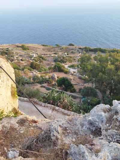 The image shows a panoramic view of the Dingli Cliffs in Malta, overlooking the Mediterranean Sea. The cliffs are characterized by their rugged, rocky terrain and sparse vegetation. In the foreground, there are large, weathered rocks and dry grasses, with a path winding down towards a terraced garden. The garden features stone walls, various plants including cactus, trees, and small cultivated plots. The sea, a deep blue, stretches across the horizon under a light blue sky. The scene is bathed in the warm, golden light of what appears to be late afternoon or early morning. A metal pole runs diagonally across the left side of the frame. The timestamp "02/07/2026 19:55" is overlaid on the bottom right corner of the image. There are no people visible in the frame.