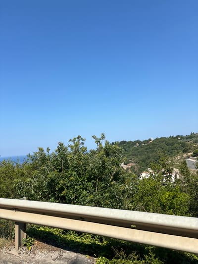 The image depicts a view from a road overlooking a lush, green mountainside in Gornji Katun, Montenegro. The scene is dominated by a bright blue sky and the dense foliage of trees covering the sloping terrain. The road itself is visible in the foreground, with a sturdy metal guardrail running along its edge. The guardrail appears to be made of light-colored metal, possibly aluminum or galvanized steel, and shows signs of wear and tear.
Beyond the trees, scattered buildings with white or light-colored roofs are visible, suggesting a small village or scattered houses nestled into the mountainside. In the distance, a body of water, likely the sea, can be seen reflecting the blue of the sky, indicating a coastal or near-coastal location. A slender white structure, possibly a church tower, rises above the trees on the hillside, adding a point of interest to the landscape.
The lighting suggests it is daytime, with clear, sunny weather. The shadows cast by the guardrail and the foliage indicate that the sun is high in the sky. The overall impression is one of a serene and scenic rural environment. There is no visible text in the image. The camera appears to be tilted, giving a slightly angled perspective on the scene.