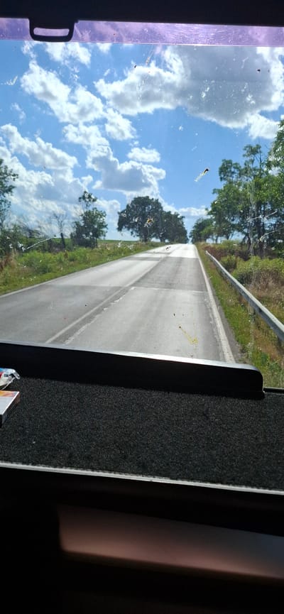 This image is a landscape photograph taken from inside a vehicle, looking out through a dirty window. The scene is a road in Zgalevo, Bulgaria, on a sunny day. The road, which appears to be asphalt, stretches into the distance, bordered by green grass and trees. The sky is a vibrant blue, dotted with fluffy white clouds. The perspective suggests the vehicle is in motion, creating a slight blur on the distant landscape.
The most prominent feature of the foreground is the textured, dark material of the vehicle's interior, possibly a dashboard or seating. A silver railing or trim runs along the top of the window frame. The window itself is covered in numerous smudges, streaks, and what appear to be dead insects, obscuring some of the view and adding a gritty texture to the image. There are also some scratches on the glass.
The overall impression is one of a journey through a rural or semi-rural area on a bright, clear day. The sunlight creates highlights on the road and foliage. The dirty window adds a sense of realism, hinting at a long drive or exposure to the elements. No people are visible, and the focus is on the natural landscape and the road as it recedes. The time of day appears to be midday, given the brightness of the sun and the shadows.
