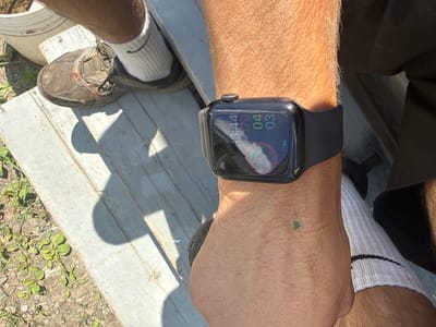 A close-up, outdoor, over-the-shoulder shot focuses on a person's left wrist, which is adorned with a black Apple Watch. The watch face displays the time as 13:44, along with activity rings for "move," "exercise," and "stand" goals, showing completion of 179, 04, and 03, respectively. The watch band is black and made of silicone. The person's skin is tanned and shows some body hair. A small, faded green tattoo of what appears to be a stylized tree or leaf is visible on the wrist. The background shows a weathered wooden surface with sunlight casting shadows. To the left of the wrist, part of a worn, tan shoe with brown laces and a white sock is visible. The lower left portion of the image reveals a patch of dry ground with scattered small green weeds. The scene appears to be in the Village of Johnson City, United States of America, likely in a backyard or outdoor recreational area due to the casual attire and natural elements.