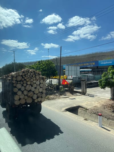 A truck loaded with a large pile of logs travels down a paved road under a bright blue sky with fluffy clouds. Power lines run alongside the road. A Vietnamese flag waves near a storefront with a "Vinaphone" sign. A red and white post marks the roadside. The shadow of the truck stretches onto the asphalt.
