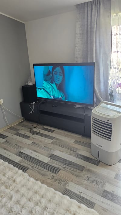 The image shows a living room scene in Nemėžis, Lithuania. The primary subjects are a television displaying an image of a sleeping person with their eyes closed, a black television stand, and a white air purifier positioned behind the TV. The television screen is illuminated with a bright blue light, casting a cool tone on the scene. The person on the screen is wearing a green garment and appears to be a young woman.
The setting includes a light-colored wooden floor with a distressed, planked pattern and a large, fluffy white rug in the foreground, partially visible. Behind the television and air purifier, there are sheer curtains with a decorative pattern, suggesting a window. The walls are painted in two tones: a lighter shade at the top and a darker grey at the bottom.
The image is taken from a slightly elevated angle, looking down into the room. The overall impression is one of a domestic interior, possibly during the daytime given the lighting from the window and the illuminated screen. There are no strong indicators of specific weather conditions or time of day beyond general daylight.
Visible text includes "Standair" on the side of the white air purifier. The image is static, capturing a moment with no clear activity or event taking place other than the display of content on the television. The emotional tone is neutral, focusing on the objects and their arrangement within the room.