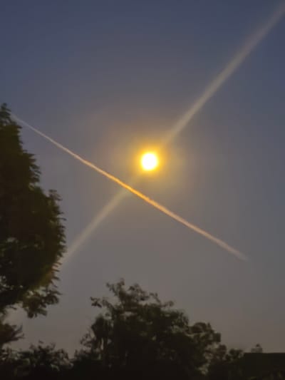The image captures a dusky sky above Навадворскі сельскі Савет, Belarus, with a bright, hazy sun or moon illuminating the scene. Two contrails are visible, one extending diagonally from the upper left towards the lower right, and another intersecting it near the sun, creating a cross-like effect. Silhouetted trees form the lower boundary of the image, with their dark foliage contrasting against the lighter sky. The overall atmosphere is serene and twilight-like, with no people or specific human activities depicted.