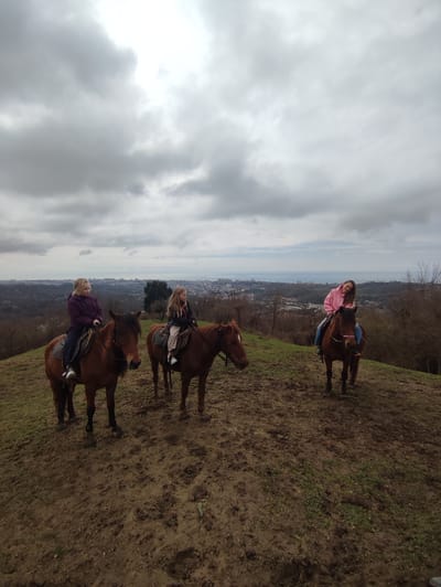 The image depicts three individuals on horseback on a muddy, grassy hillside in Bestuzhevskoye, Russia, with a sprawling coastal city and the Black Sea visible in the background under an overcast sky. From left to right, a young blonde female wearing a dark purple jacket and dark pants is seated on a brown horse, looking to her left. Next, a younger blonde female, appearing to be a child, wearing a dark jacket over a light patterned garment and dark pants, is mounted on a second brown horse, looking to her right. On the far right, a female with long brown hair, wearing a pink hooded sweatshirt and blue jeans, is seated on a third brown horse with a pink bridle detail, smiling towards the camera. All three horses are bay or chestnut brown and equipped with saddles. The ground beneath the horses is uneven, composed of damp, dark brown soil with patches of sparse green grass. The midground features rolling hills with mostly bare deciduous trees, and a solitary evergreen tree. Beyond the hills, a dense urban area with numerous buildings extends towards the horizon, bordered by the sea. The sky is uniformly covered by thick, grey clouds, with a brighter area visible in the upper right.