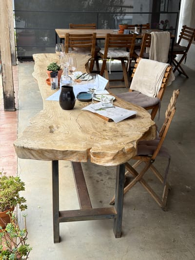 A rotated outdoor scene depicts a rustic wooden table set for a meal. The table is made from a large, naturally-shaped piece of wood with a metal frame. Place settings include wine glasses, plates with remnants of food, napkins, and a small black vase or bottle. A potted succulent sits near the edge of the table. Wooden chairs with cushions and fabric seat covers are positioned around the table. The setting appears to be in a semi-outdoor area with a concrete floor. A glass door or window is visible in the background, showing greenery. The image was taken in Theewaterskloof NU, South Africa.