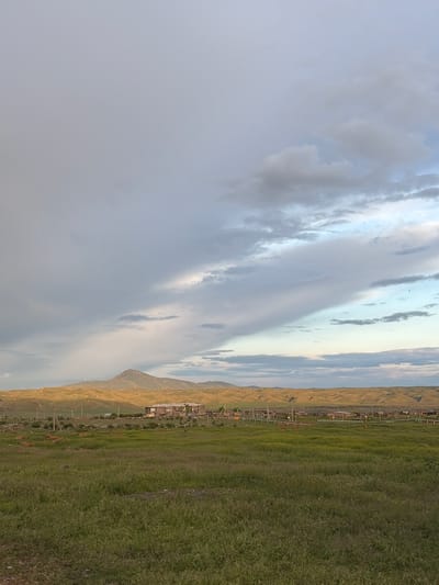 The image depicts a landscape in or near Anipemza, Armenia, featuring a wide grassy field in the foreground. In the middle ground, there is a cluster of buildings, possibly residential or industrial, situated near the base of a mountain range. The sky is filled with heavy clouds, suggesting an overcast or stormy weather pattern. A small bird is seen flying in the sky. The lighting is muted and diffused, giving the scene a subdued atmosphere.