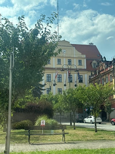 The image depicts a street scene in Mieroszów, Poland. In the foreground, a wooden park bench sits on a paved area with green grass. To the left, a grey metal pole stands tall, partially obscured by lush green foliage. A sign prohibiting dogs is visible on the right side of the bench. Behind the bench and foliage, a yellow building with a red tiled roof is prominent. The building has multiple windows and a clock on its facade. To the right of the yellow building, a red and ornate building with similar architectural features is partially visible. Several trees line the street in front of the buildings. A dark-colored van and a white car are parked on the cobblestone street. The sky is partly cloudy with a blue hue.