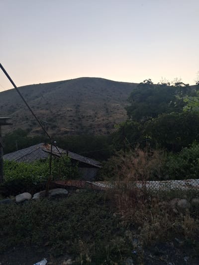 This image depicts a rural landscape in Vernashen, Armenia, likely captured during the late afternoon or early evening due to the soft, diffused light. The sky is a pale, hazy gradient of light blue and yellow, suggesting a clear but possibly dusty atmosphere.
The primary subject is a steep, barren hillside covered in dry, sparse vegetation, indicative of a warm, arid climate. The slope is textured with subtle variations in color and shadow, highlighting its rugged terrain. In the foreground, a section of a chain-link fence runs diagonally across the frame. Beyond the fence, there is a densely vegetated area with a mix of green foliage and dry, straw-like plants.
Visible within this foreground vegetation is a rustic, partially collapsed structure with a corrugated metal roof. A wooden post and what appears to be a metal pole extend upwards from near the structure, possibly remnants of a fence or support for an overhead line. Several large, grey stones are scattered amongst the plants.
The overall impression is one of a quiet, somewhat neglected rural setting. There are no people or animals visible, and the scene conveys a sense of stillness. The location cues (the hillside, the fencing, the rustic structure) are consistent with a rural or semi-abandoned area in Armenia. There is no visible text in the image.