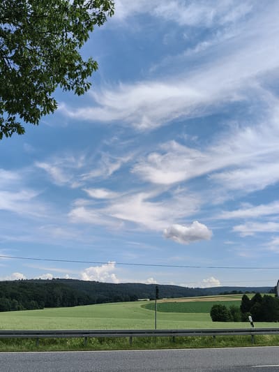 The image captures a serene rural landscape in Sebbeterode, Germany, under a bright, partly cloudy sky. The foreground features a section of an asphalt road and a metal guardrail bordering a lush green field. Beyond the field, rolling hills covered in dense, dark green forest dominate the middle ground. In the distance, more hills are visible, with a few scattered trees and what appear to be agricultural fields.
The sky is a prominent subject, characterized by a vivid blue expanse streaked with wispy white cirrus clouds, creating an artistic, almost painterly effect. A single, larger cumulus cloud drifts in the mid-sky, adding depth and texture. On the far left, the branches of a large tree with dark green leaves intrude into the frame, adding a natural framing element.
There are no people or animals visible in the scene. The overall atmosphere is peaceful and tranquil, suggesting a clear and pleasant day, likely late morning or early afternoon given the brightness and the angle of the sun. The presence of a guardrail and the asphalt road indicate a paved public thoroughfare, likely a rural road, that offers this picturesque view. No text is visible in the image. The scene evokes a sense of calm and appreciation for nature's beauty.