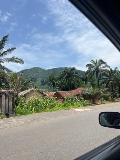 A scene captured from inside a vehicle shows a road in the foreground with houses and lush vegetation in the background. The houses have corrugated iron roofs and are surrounded by tall green plants, possibly corn. Several palm trees are visible, with some taller than the houses. In the distance, a large, verdant mountain range dominates the skyline, partially obscured by clouds. The sky is blue with scattered white clouds. The scene appears to be in a rural or semi-rural area, consistent with a location in Goje, Nigeria. There are no people clearly visible in the image.