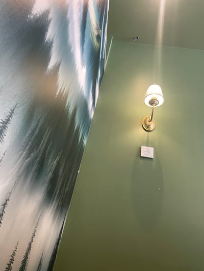 The image depicts an interior wall with a mural of a misty forest scene on the left and a solid green painted wall on the right. A single wall-mounted light fixture with a pleated shade is visible on the green wall, casting a warm glow. Below the light fixture is a white electrical outlet. Near the top of the green wall, a small blue object is attached. The perspective suggests the photo was taken from a low angle, looking upwards. There are no people or animals visible. The scene appears to be in a room, but no specific location in Meaux, France, can be identified from the visual information alone.