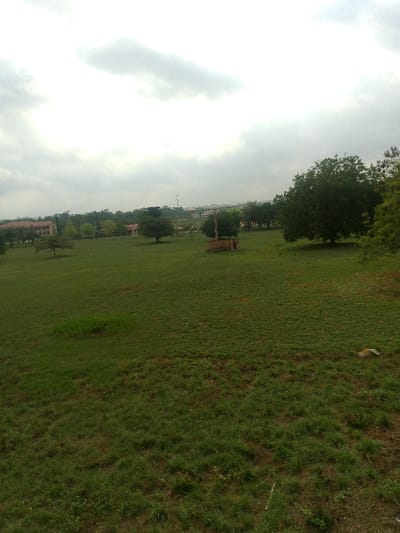 The image displays an expansive, slightly undulating green field located in Adzho, Nigeria, under an overcast sky. The foreground consists of mown green grass, featuring a dense, localized patch of taller grass in the lower-left quadrant and a light-colored, rectangular block on the ground in the lower-right. In the midground, a reddish-brown brick structure, appearing as a wellhead or small monument, is centrally positioned amidst the grass, flanked by several mature trees with full green foliage. The background reveals a distant treeline interspersed with multiple multi-story buildings; specifically, a building with a reddish-brown roof and facade is visible on the far left, and lighter-colored structures appear further to the right. A tall, slender white and red striped tower rises above the distant vegetation line, slightly left of the center. No individuals or active subjects are present in the scene. The lighting is diffuse and uniform.