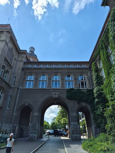 This media file depicts an upward-angled view of an architectural setting in Brunswick, Germany. The primary subjects are the facades of buildings, characterized by their stone construction, arched walkways, and numerous windows. Lush green ivy covers portions of the building exteriors, suggesting an established setting. The scene is illuminated by daylight, with a clear blue sky and some scattered clouds visible, indicating fair weather.
The composition highlights the interplay between the built environment and nature, with the ivy and surrounding trees framing the architecture. Through the arches, glimpses of more trees and a blue vehicle are visible, hinting at a street or courtyard area. A woman in a white t-shirt and dark pants is partially visible in the lower right corner, walking away from the camera, adding a human element to the scene. The architectural style suggests a historical or institutional building. There is no visible text within the image. The perspective and the lush greenery create a sense of depth and a somewhat serene atmosphere.