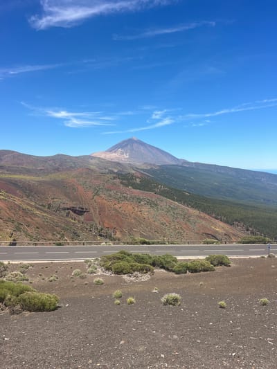 This media file captures a sweeping, high-angle view of a volcanic landscape under a clear, bright blue sky with wispy clouds. The scene is dominated by a conical mountain peak, likely a volcano, with a distinct summit that appears snow-capped or bathed in light. The mountain's slopes display a range of colors, from barren reddish-brown volcanic soil to areas covered in dense green vegetation, possibly pine trees, creating a stark contrast.

A paved road with white lane markings runs diagonally through the frame, bordered by a metal guardrail. The road is flanked by sparse, hardy vegetation growing out of the dark, rocky terrain. Small, low-lying green plants and bushes are scattered across the foreground, suggesting a dry, arid environment. The ground is covered in dark volcanic gravel and pebbles. In the distance, more rolling hills and mountainous terrain can be seen, covered in a mixture of vegetation and bare rock.

The image appears to have been taken during the daytime, judging by the strong sunlight and the clear sky. The lighting suggests it could be mid-morning or early afternoon. There are no visible people in the frame. The overall impression is one of natural grandeur and rugged beauty, highlighting the unique volcanic topography of the region, possibly Tenerife in La Orotava, Spain, given the location context. The image conveys a sense of scale and isolation, with the vastness of the landscape and the imposing presence of the volcano. No text is visible in the image.