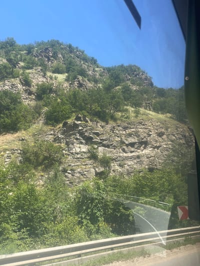 The image captures a view from inside a vehicle looking out towards a steep, rocky mountainside covered in lush green vegetation. The scene is oriented vertically, suggesting the photo was taken sideways or that the vehicle is on a sloped road. The sky is a clear, vibrant blue, indicating a sunny day with good weather.
The dominant subjects are the natural elements of the landscape: the imposing rock face and the dense foliage. The rock formation exhibits rugged textures and varying shades of gray, with some areas appearing weathered and others more sheer. The vegetation, composed of trees and shrubs, clings to the mountainside, creating a vibrant contrast with the rock. Scattered among the greenery are hints of dry grasses and possibly some wildflowers, adding subtle details to the scene.
On the right side of the image, a road is visible, bordered by a concrete barrier with multiple parallel lines. A traffic sign with red and white chevrons, indicating a curve in the road, is also present. The presence of the road and barrier suggests the viewpoint is from a vehicle traveling along this route, likely through a mountainous or hilly region. The sunlight casts shadows, suggesting it is daytime, likely late morning or afternoon.
No people are visible in the image. The overall emotion evoked is one of natural grandeur and a journey through a scenic, possibly remote, landscape. There is no discernible text in the image beyond the pattern on the traffic sign.