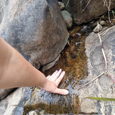 A hand with light skin and pale fingernails, adorned with a silver ring on the ring finger, is placed into shallow, clear water flowing over rocks. The water is approximately ankle-deep and has a brown hue due to the submerged stones. The surrounding environment consists of large, weathered gray rocks, some covered with moss, and dry grass stalks scattered around. The scene is located in Mureungdowon-myeon, South Korea, suggesting a natural, outdoor setting such as a creek or stream.