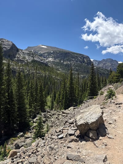 The image depicts a mountainous landscape on a clear day. A dirt path, strewn with rocks and boulders, winds its way up a slope. Dense evergreen trees cover the lower slopes of the mountains, which are characterized by rugged, rocky terrain and patches of snow at higher elevations. The sky is a vivid blue with a few scattered white clouds. The scene appears to be a hiking trail in a natural, outdoor setting. Given the context of Rocky Mountain National Park, a likely location within or near Allenspark, Colorado, this image captures a segment of the park's scenic and rugged terrain.