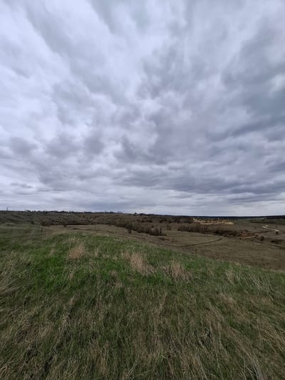 The image shows a rural landscape with a field of green and brown grass under an overcast sky. The sky is filled with gray clouds, suggesting a potentially stormy or gloomy weather condition. There is a thin strip of land in the distance, possibly indicating a road or a treeline. The image is rotated, making it difficult to determine the exact orientation. It is not possible to determine the location as Yablonovo, Russia without additional information or landmarks.