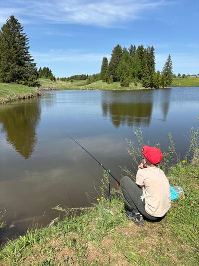 A young individual, likely a child, wearing a red baseball cap, light-colored shirt, and dark pants is crouching by the edge of a body of water, possibly a pond or lake. They are holding a fishing rod, with the line extending into the water. The setting appears to be a rural area with grassy banks along the water's edge and trees lining the opposite side. There are some small yellow flowers and vegetation near the water. A box of fishing bait is lying on the grass next to the child. The location is Karashur, Russia.