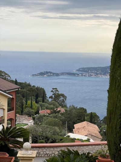 A panoramic landscape view captures the stunning Mediterranean coastline from an elevated vantage point in Èze, France. The scene is dominated by the expansive, deep blue sea that stretches across the middle of the frame. In the distance, a long, narrow peninsula or island extends into the water, dotted with buildings, suggesting a coastal town or village. A faint white wake from a boat is visible near the distant landmass.

The upper portion of the image shows a wide sky with scattered, wispy clouds, displaying a gentle gradient from lighter, almost white tones at the horizon to softer grey-blue higher up.

In the foreground and mid-ground, the lush, verdant hillsides descend towards the sea. These slopes are densely covered with a variety of Mediterranean trees, including tall, slender cypress trees and numerous olive or other broadleaf trees. Scattered among the greenery are several charming houses and villas, characterized by their traditional terracotta tiled roofs. Some buildings feature warm ochre, terracotta red, or white facades.

The immediate foreground includes parts of a terraced garden or balcony, featuring dense green hedges, potted plants, a decorative stone orb, and a sturdy stone wall, providing a glimpse of cultivated beauty before the wilder landscape. No people are visible in the image, and there is no discernible text.

The lighting suggests daytime, possibly late afternoon, with soft, diffused light hinting at an overcast or partly cloudy sky. The overall atmosphere is serene and picturesque, highlighting the natural beauty and classic architecture of the French Riviera.