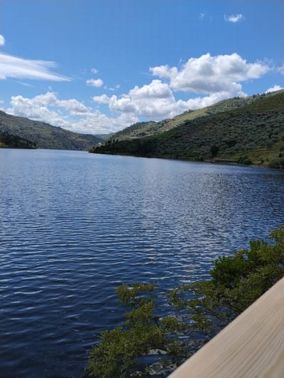 The image shows a lake in Alijó, Portugal, nestled between rolling hills covered in dense, green vegetation. The sky is a bright blue with scattered white clouds. The water surface is dark blue with visible ripples. In the foreground, a section of a wooden railing and some green foliage are visible.